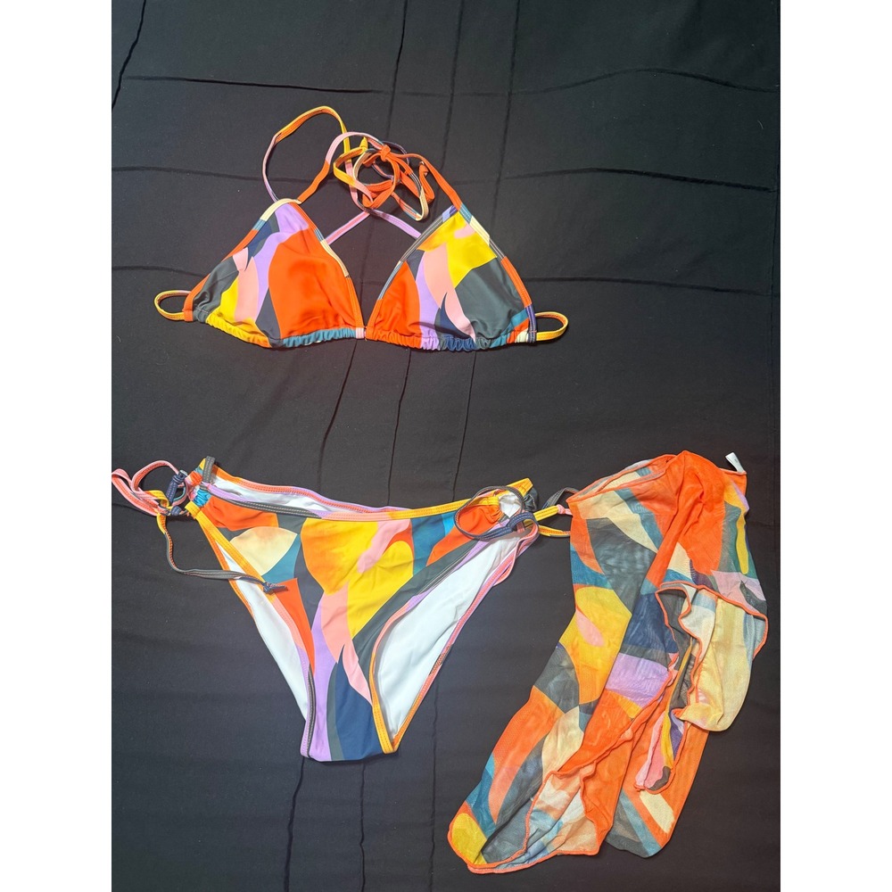 NEW 3 Piece Abstract Geometric Bikini Set with Mesh‎ Cover Up Multicolor Medium